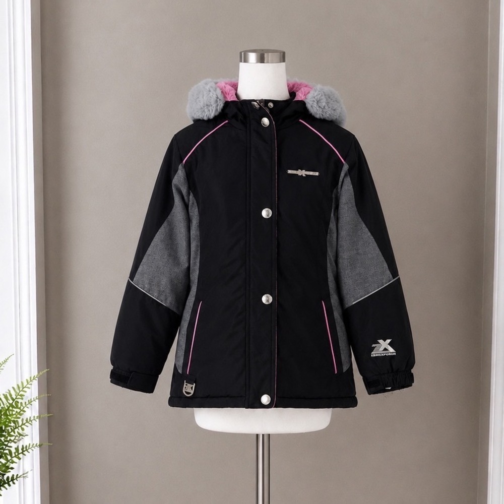 ZeroXposur Girls Winter Jacket Black Grey Pink Faux Fur Hood V34501K 7/8